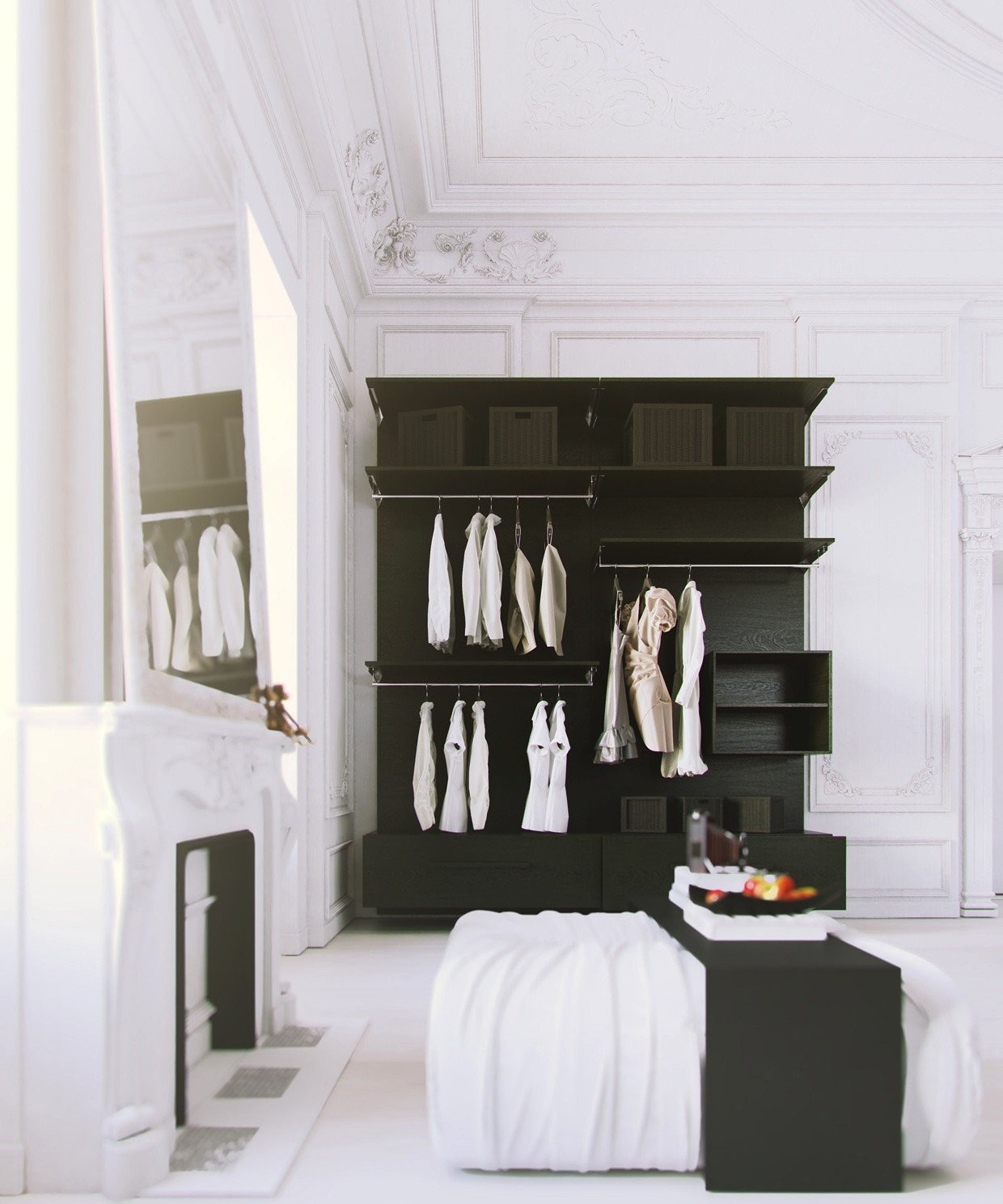 parisian-apartment-white-bedroom-with-black-clothes-storage-and-fireplace.jpeg